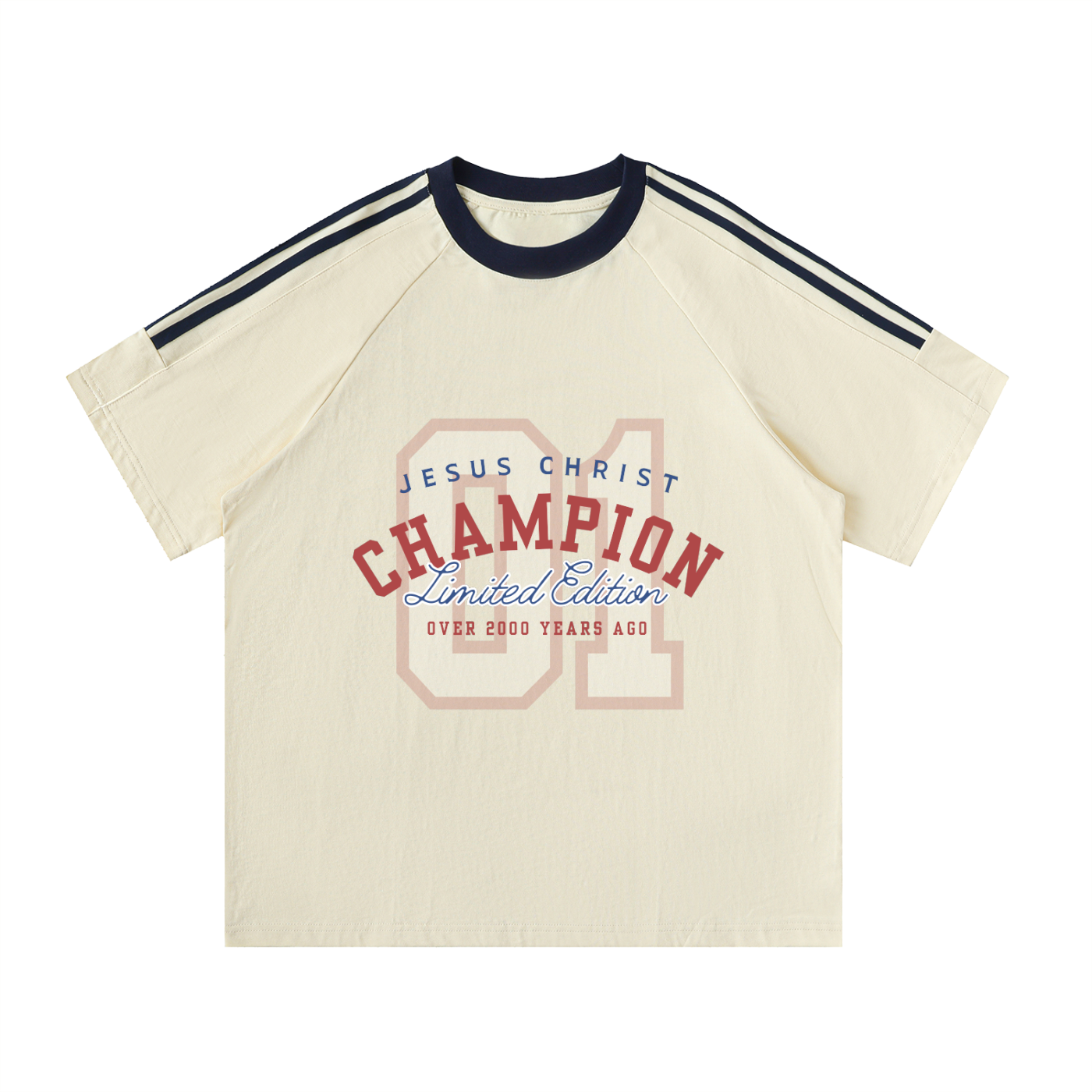 The Word Nation Contrast Tape Crewneck Cotton T-Shirt | Jesus Christ Champion Design Jersey Unisex