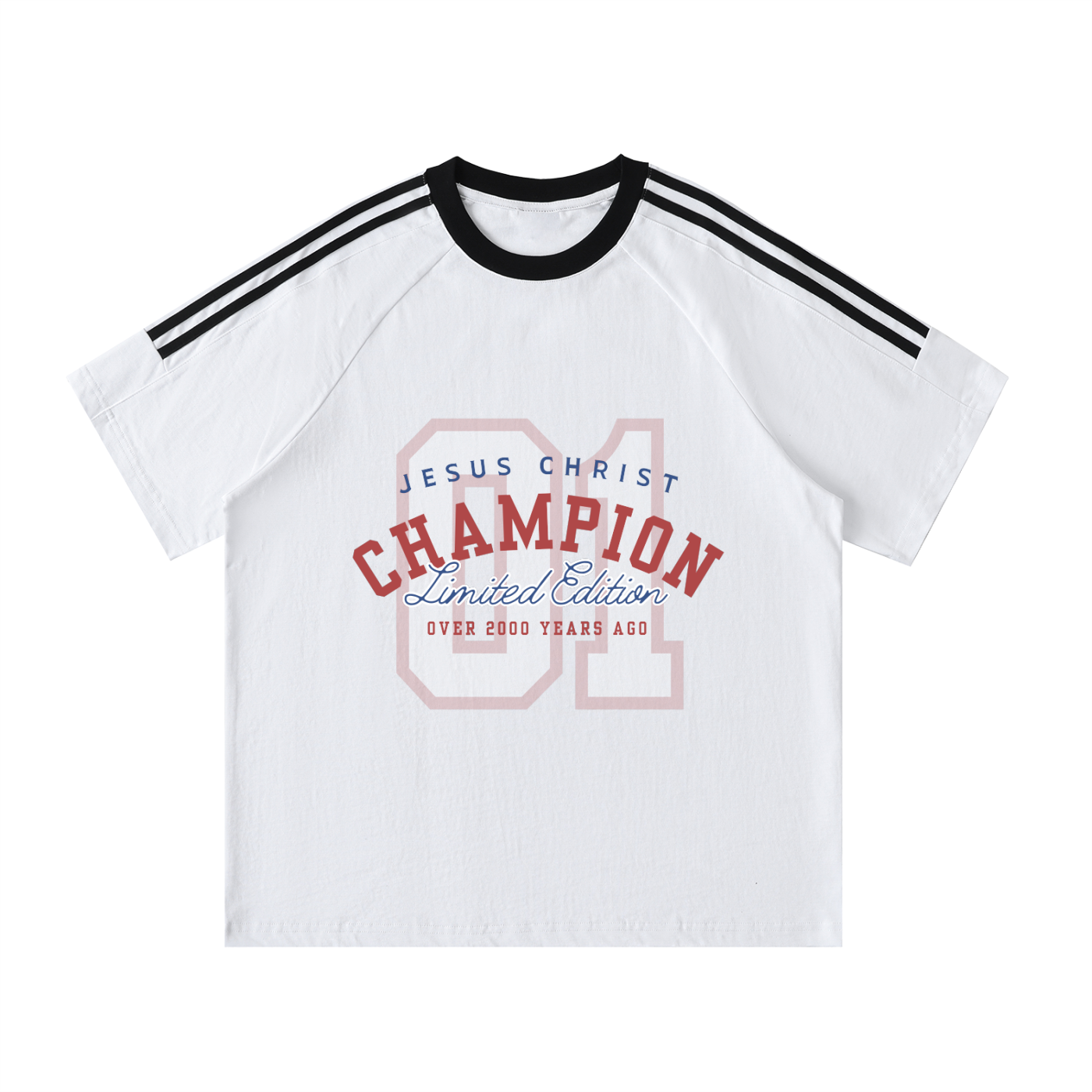 The Word Nation Contrast Tape Crewneck Cotton T-Shirt | Jesus Christ Champion Design Jersey Unisex