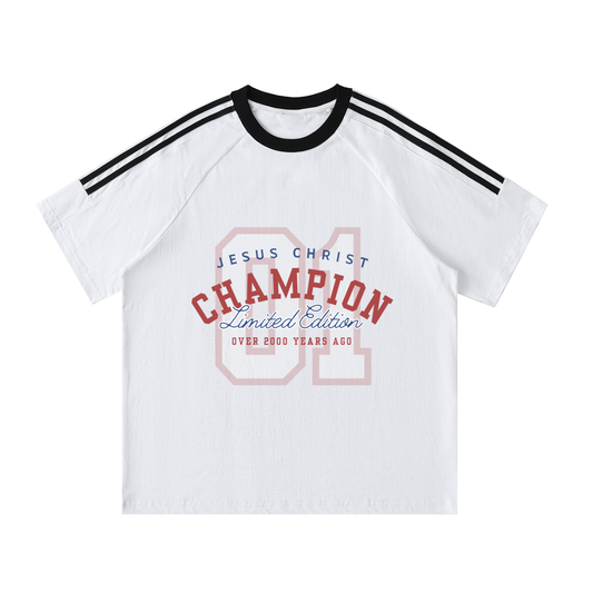 The Word Nation Contrast Tape Crewneck Cotton T-Shirt | Jesus Christ Champion Design Jersey Unisex