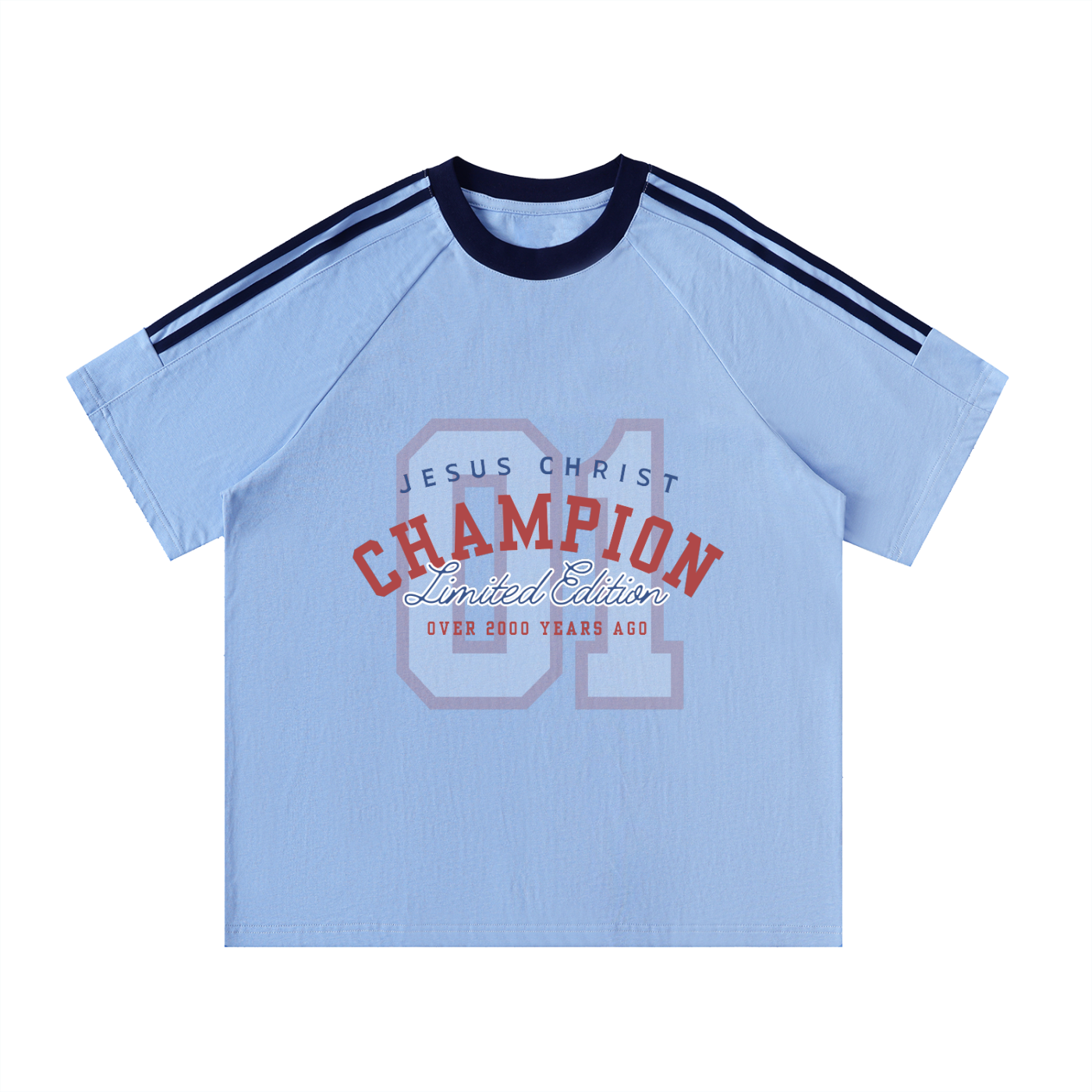The Word Nation Contrast Tape Crewneck Cotton T-Shirt | Jesus Christ Champion Design Jersey Unisex